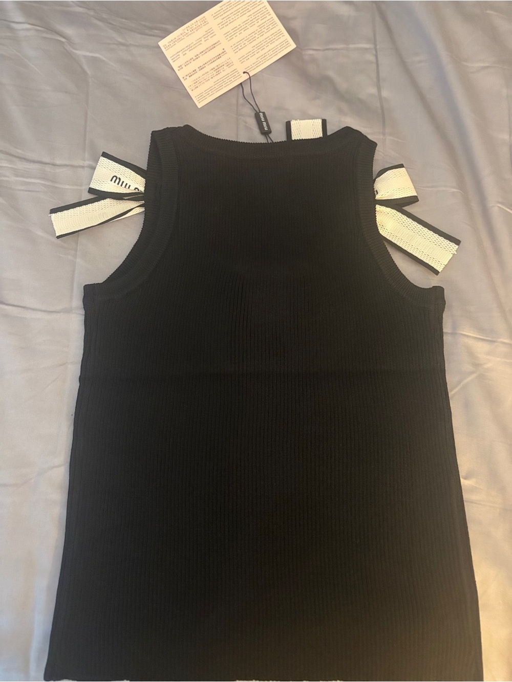 Miu Miu Black Ribbed Tank with White Branded Ribbon Ties - Picture 4 of 4